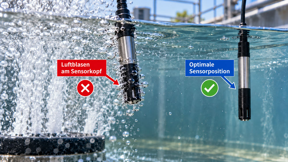 Gelöstsauerstoffsensor in einem stark belüfteten Wasserbecken mit Luftblasen am Sensorkopf und geeigneter Sensorposition außerhalb der Hauptblasenfahne de