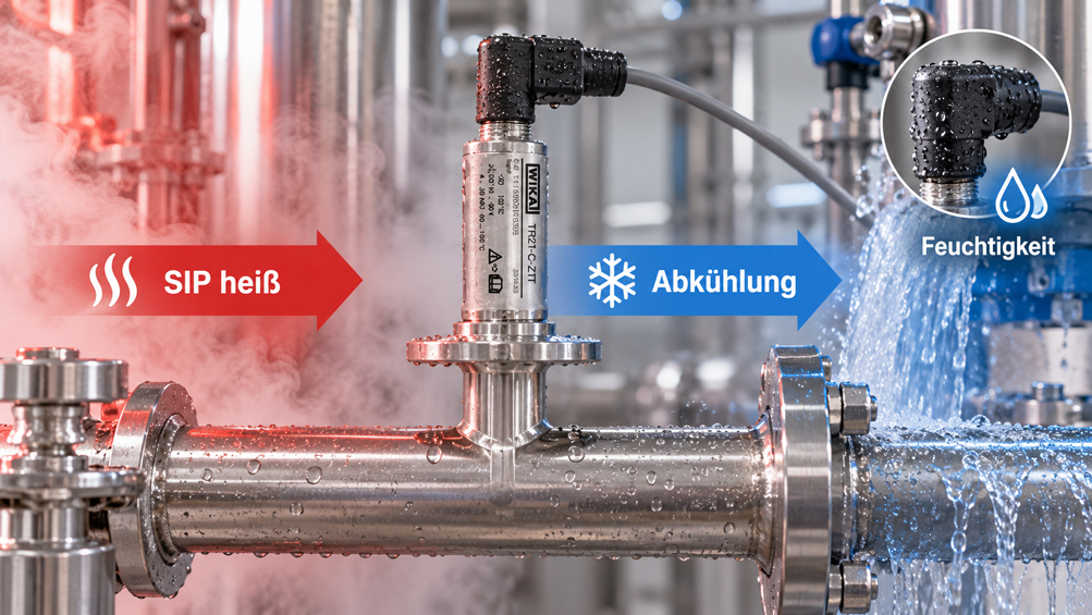 Hygienischer Temperaturfühler in einer CIP SIP Prozessleitung bei schnellem Wechsel zwischen heißem Dampf und kaltem Spülwasser.