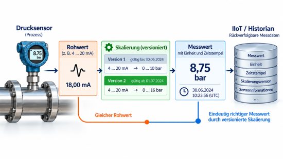 IIoT Datenmodell mit Drucksensor, Rohwert, Einheit, Zeitstempel und versionierter Skalierung zur eindeutigen Umrechnung von bar und Pa DE