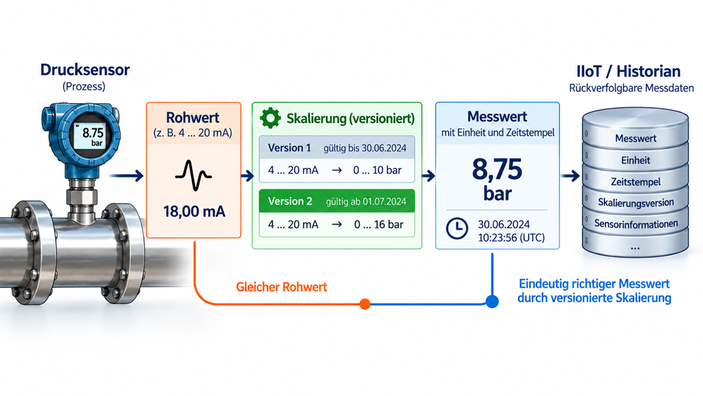 IIoT Datenmodell mit Drucksensor, Rohwert, Einheit, Zeitstempel und versionierter Skalierung zur eindeutigen Umrechnung von bar und Pa DE