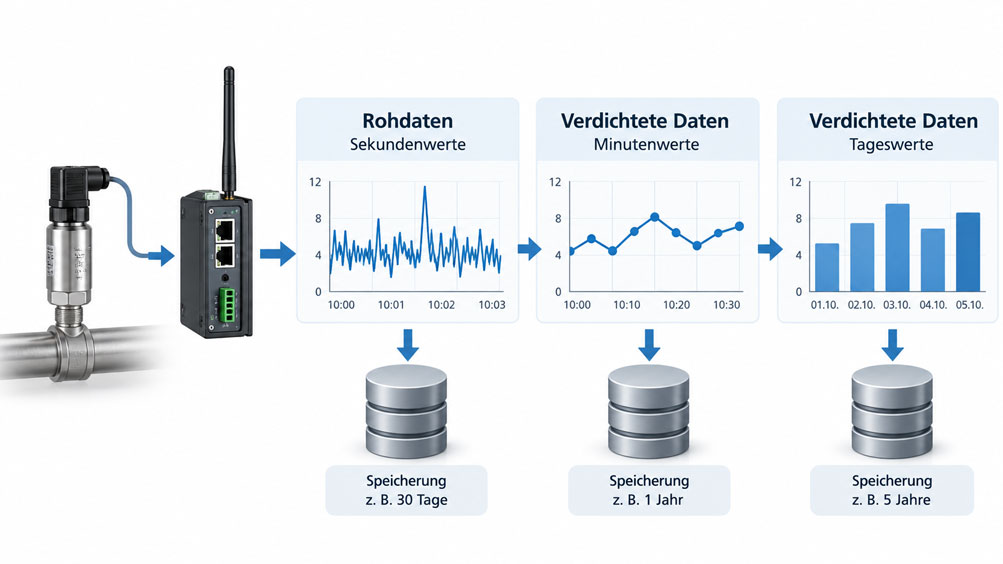 IIoT Messdaten Rohdaten, Minutenwerte und Tageswerte mit unterschiedlichen Speicherfristen