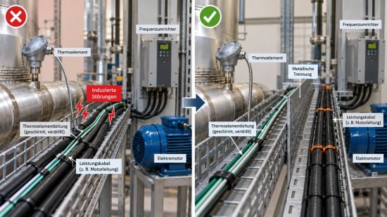 Industrielle Leitungsinstallation mit Thermoelementleitung und Frequenzumrichter Motorleitung, die durch getrennte metallische Kabelwege störungsarm geführt werden.