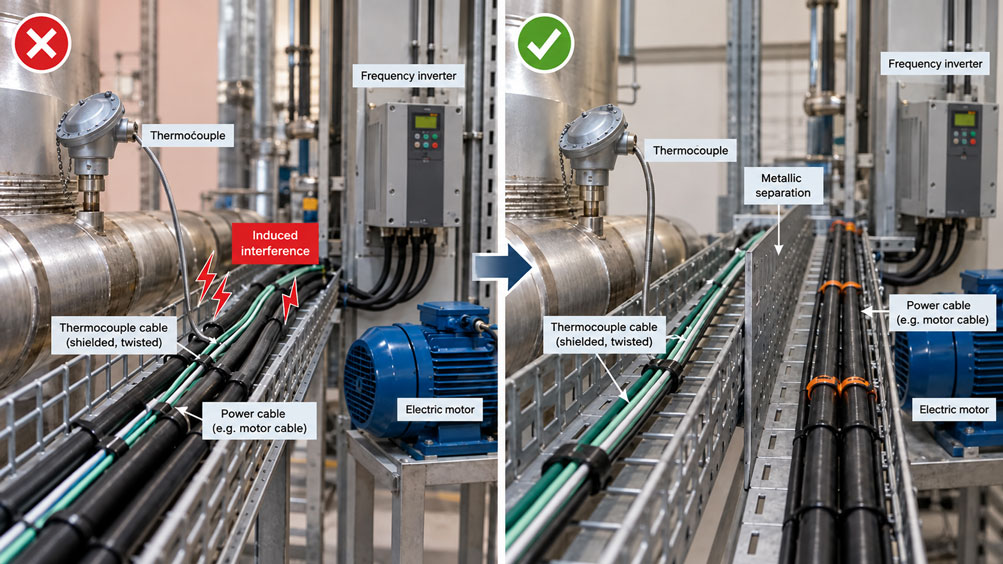 Industrielle Leitungsinstallation mit Thermoelementleitung und Frequenzumrichter Motorleitung, die durch getrennte metallische Kabelwege störungsarm geführt werden en