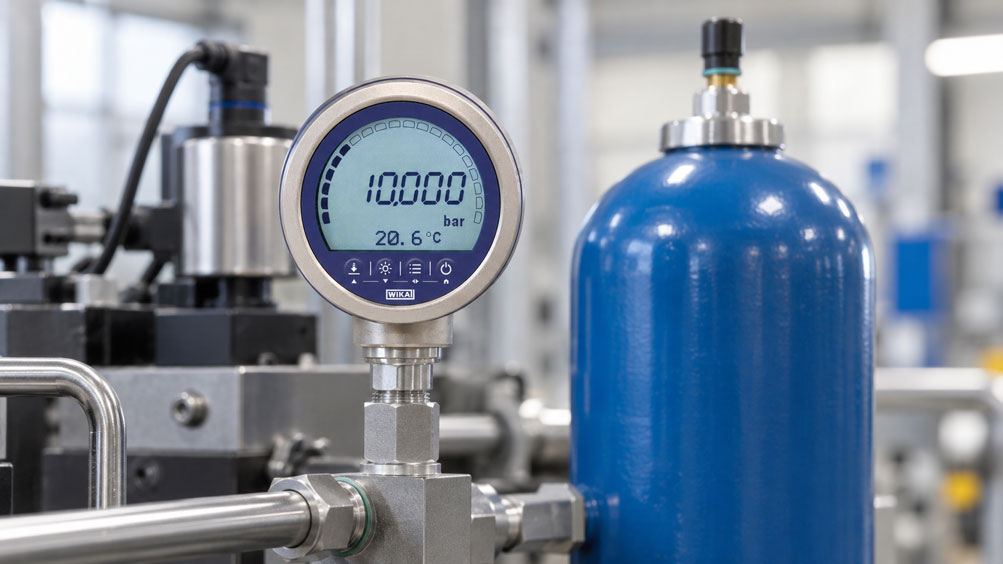 Industrieller Hydrospeicher mit hydraulischem Drucksensor am Ölanschluss und separatem Stickstoff Füllventil zur Prüfung des Gasvorfülldrucks.