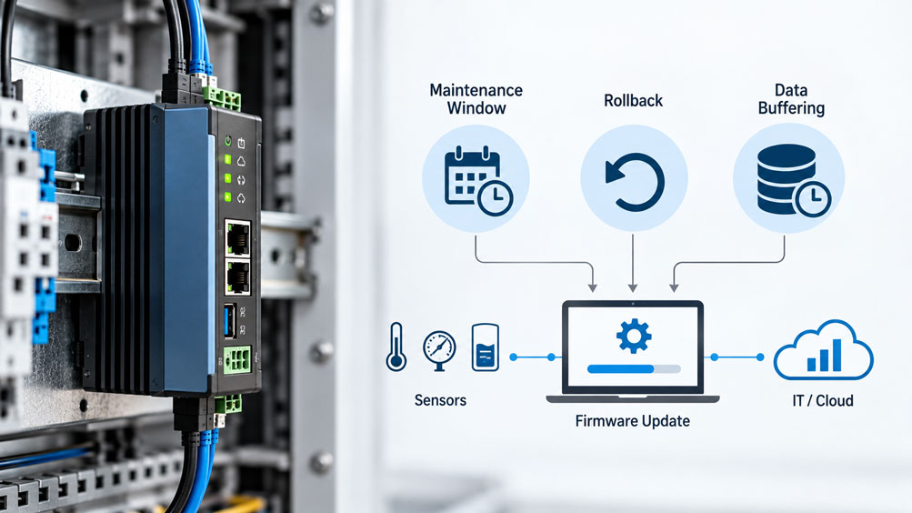 Industrielles IIoT Gateway bei einem Firmware Update mit schematischer Darstellung von Wartungsfenster, Wiederherstellung und lokaler Messdatenpufferung.