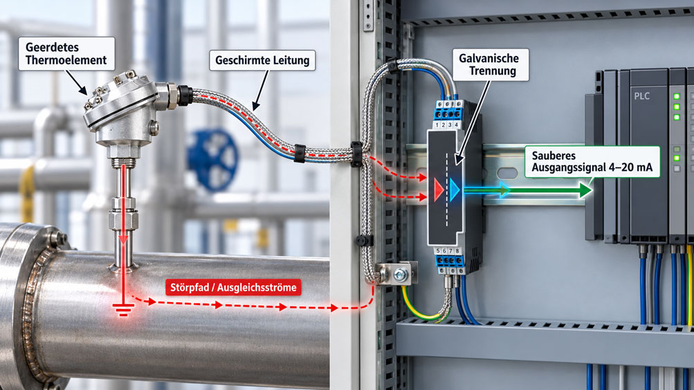 Industrielles Thermoelement an einer Edelstahlrohrleitung mit geschirmter Anschlussleitung und galvanisch getrenntem Temperaturmessumformer DT 45800 im Schaltschrank