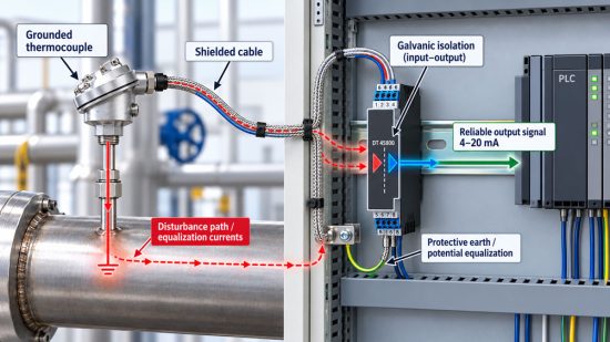 Industrielles Thermoelement an einer Edelstahlrohrleitung mit geschirmter Anschlussleitung und galvanisch getrenntem Temperaturmessumformer DT 45800 im Schaltschrank en