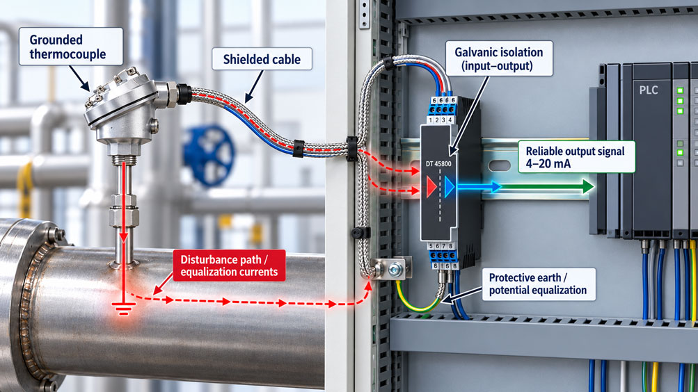 Industrielles Thermoelement an einer Edelstahlrohrleitung mit geschirmter Anschlussleitung und galvanisch getrenntem Temperaturmessumformer DT 45800 im Schaltschrank en