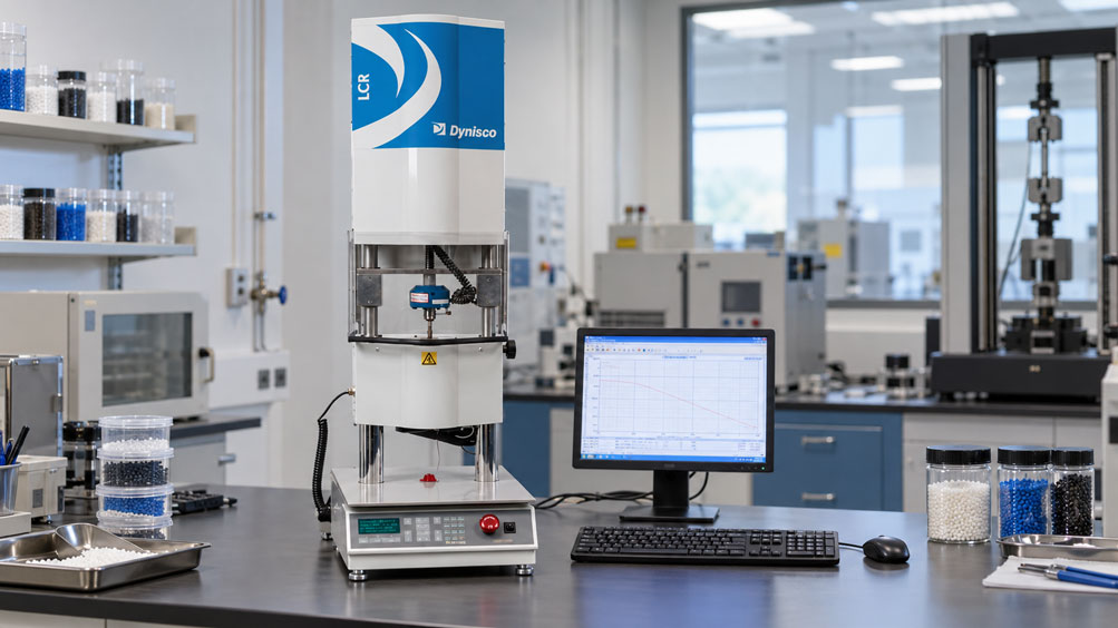 Kapillarrheometer mit drei Kapillardüsen gleichen Durchmessers und unterschiedlicher Länge sowie Druck L D Diagramm zur Bestimmung der Bagley Korrektur.