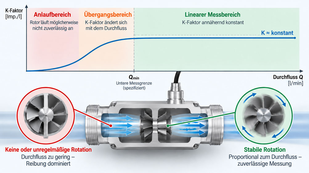 Kennlinie einer Messturbine mit Anlaufbereich, unterer Durchflussgrenze und stabilem K Faktor im linearen Messbereich de