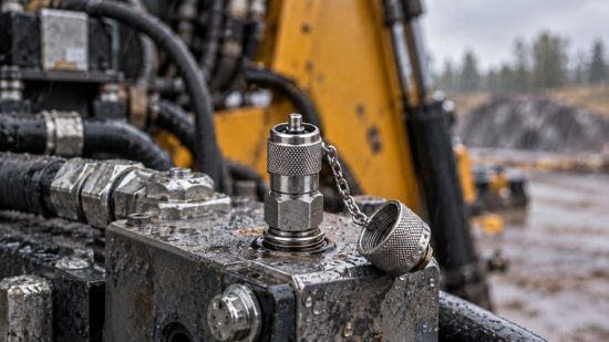 MINIMESS Messkupplung mit metallischer Staubschutzkappe an einem Hydraulikblock im Außenbereich, geschützt gegen Verschmutzung und Feuchtigkeit