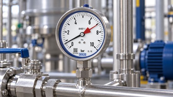 Mechanisches Rohrfedermanometer mit schwarzem Messwertzeiger und rotem Schleppzeiger, ergänzt durch ein Druck Zeit Diagramm zur Erklärung kurzer Druckspitzen.