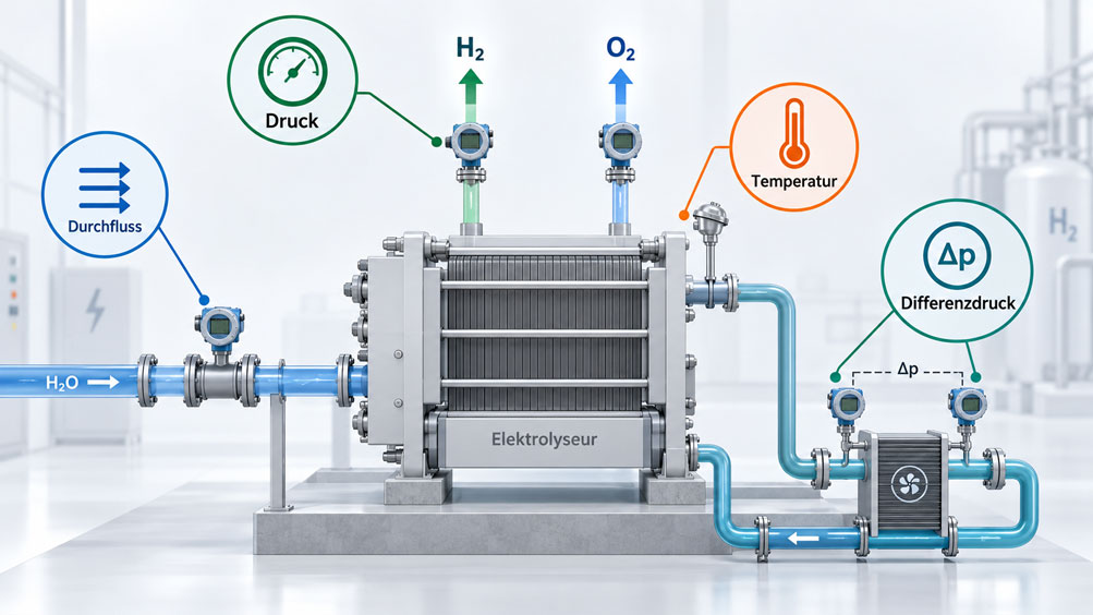 Messgeräte für Elektrolyseure richtig auswählen H₂ Druck, Stacktemperatur, Gas und Wasserdurchfluss sowie Differenzdruck sicher überwachen.
