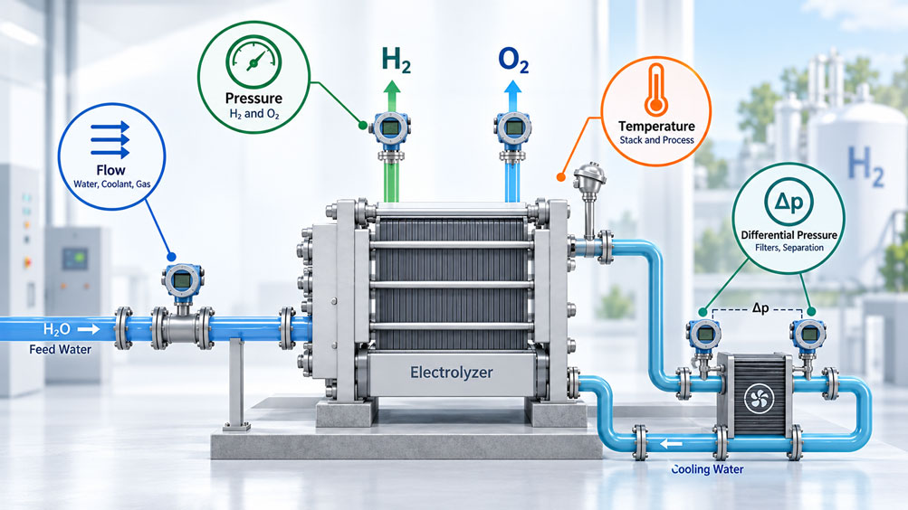 Messgeräte für Elektrolyseure richtig auswählen H₂ Druck, Stacktemperatur, Gas und Wasserdurchfluss sowie Differenzdruck sicher überwachen en
