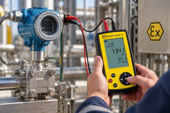 Prüfung eines 2 Leiter Transmitters im Ex Bereich mit dem eigensicheren Druck UPS4E IS Prozesskalibrator zur Messung des 4–20 mA Schleifenstroms.