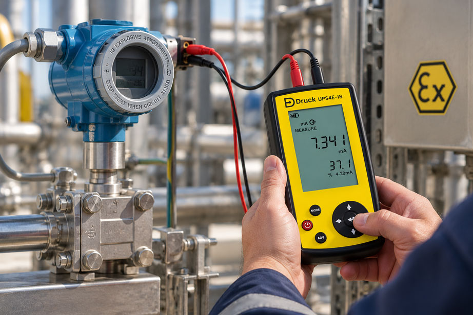 Prüfung eines 2 Leiter Transmitters im Ex Bereich mit dem eigensicheren Druck UPS4E IS Prozesskalibrator zur Messung des 4–20 mA Schleifenstroms.