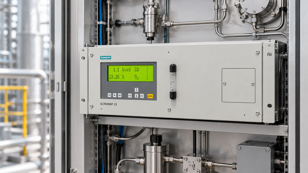 Siemens ULTRAMAT 23 in einem industriellen Analysenschrank mit Probengasleitungen, Analysenfilter und Kondensatabscheider zur Diagnose schwankenden Messgasdurchflusses