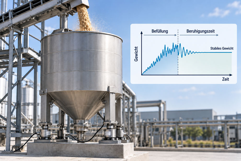 Silo auf Wägezellen während der Befüllung mit Materialaufprall, mechanischen Schwingungen und anschließender Beruhigungsphase de