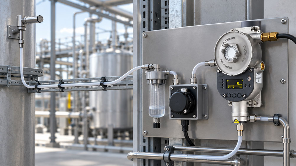 Stationäres Gasprobenahmesystem mit langer Probenleitung, Kondensatabscheider und Gaswarnmodul zur Überwachung gefährlicher Gaskonzentrationen