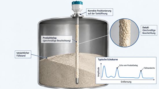 TDR Sonde mit Produktbelag – gleichmäßige Beschichtung und Brückenbildung