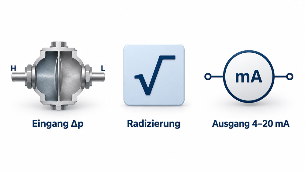 Technische Darstellung der getrennten Prüfung von Differenzdruckeingang, Quadratwurzelfunktion und 4–20 mA Stromausgang