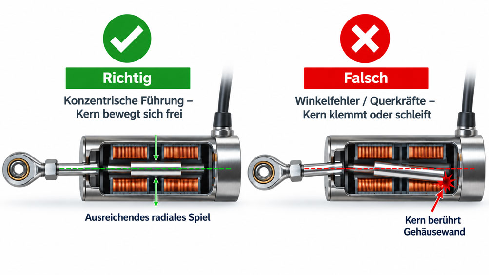 Technischer Vergleich eines induktiven Wegaufnehmers mit korrekt geführtem, berührungsfreiem Messkern und schräg ausgerichtetem Kern mit Wandkontakt durch Achsversatz und Querkräfte de
