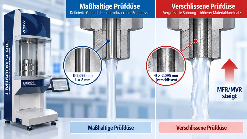 Vergleich einer maßhaltigen und verschlissenen Schmelzindex Prüfdüse mit Einfluss auf MFR und MVR Messwerte.
