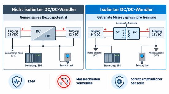 Vergleich eines isolierten und nicht isolierten DC DC Wandlers zur Potentialtrennung eines 24 V Sensorstromkreises im Schaltschrank