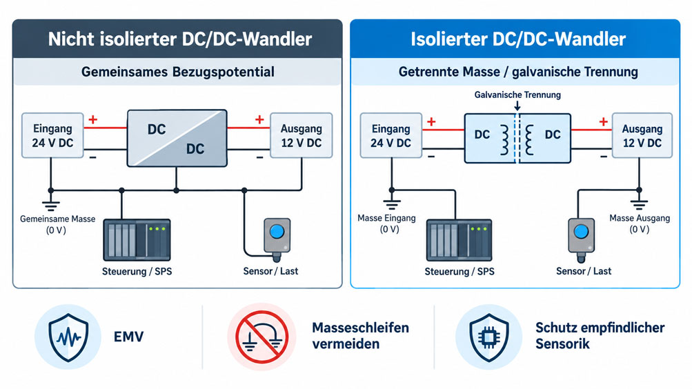 Vergleich eines isolierten und nicht isolierten DC DC Wandlers zur Potentialtrennung eines 24 V Sensorstromkreises im Schaltschrank