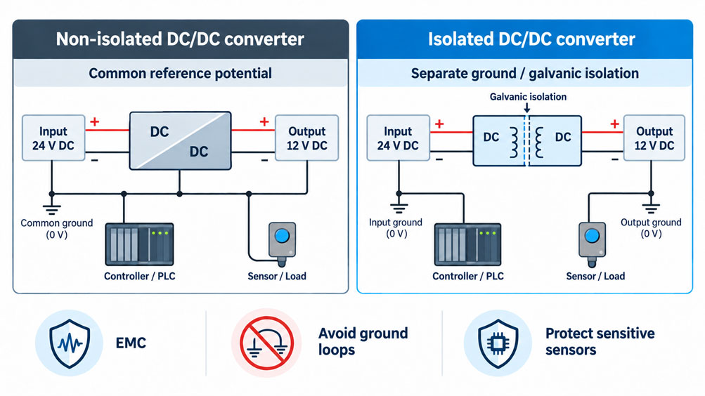 Vergleich eines isolierten und nicht isolierten DC DC Wandlers zur Potentialtrennung eines 24 V Sensorstromkreises im Schaltschrank en