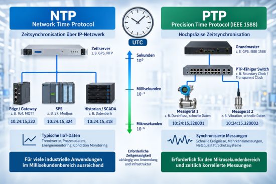 Vergleich von NTP und PTP zur Zeitsynchronisation industrieller Messdaten mit Edge Gateway, Zeitserver und synchronisierten Messgeräten