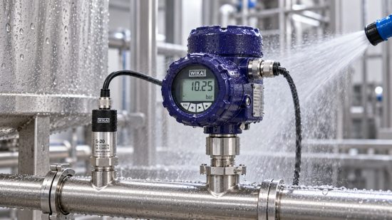 WIKA S 20 Drucktransmitter und Prozesstransmitter an einer Edelstahlleitung während der Hochdruckreinigung in einer industriellen Waschanlage.