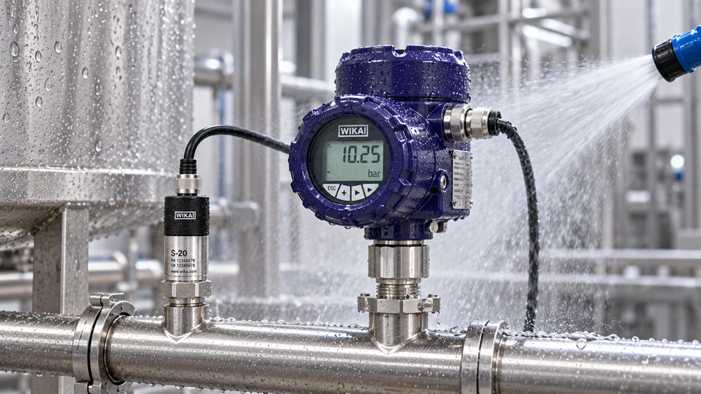 WIKA S 20 Drucktransmitter und Prozesstransmitter an einer Edelstahlleitung während der Hochdruckreinigung in einer industriellen Waschanlage.