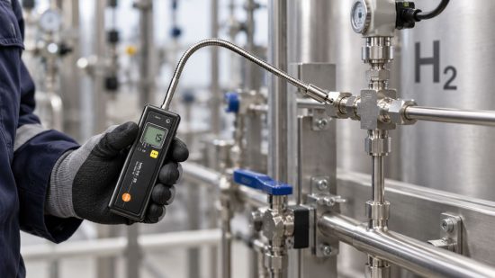 Wasserstoff Leckprüfung an einer Edelstahl Rohrverschraubung mit H₂ Schnüffelgerät und wasserstoffgeeignetem Drucksensor in einem industriellen Prüfstand.