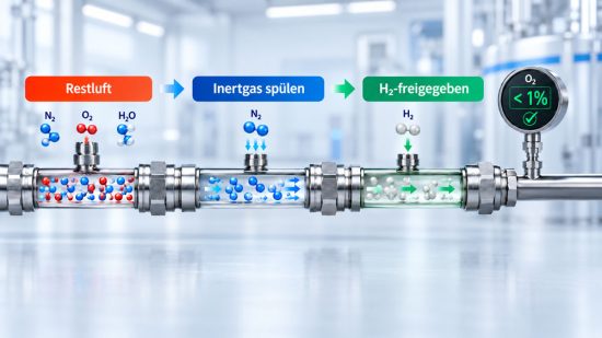 Wasserstoff Messleitung wird vor der Inbetriebnahme mit Inertgas gespült, um Restluft und Sauerstoff vor dem Einbringen von H₂ zu entfernen.