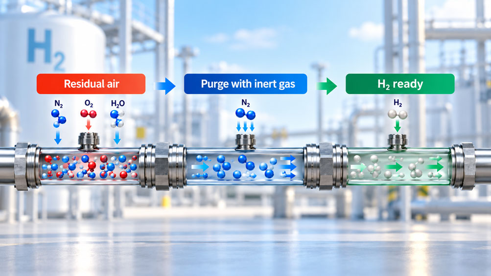 Wasserstoff Messleitung wird vor der Inbetriebnahme mit Inertgas gespült, um Restluft und Sauerstoff vor dem Einbringen von H₂ zu entfernen en