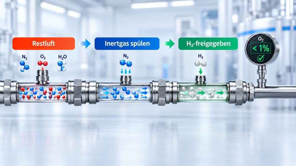 Wasserstoff Messleitung wird vor der Inbetriebnahme mit Inertgas gespült, um Restluft und Sauerstoff vor dem Einbringen von H₂ zu entfernen.