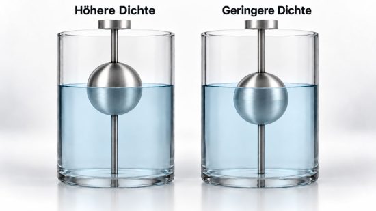Zwei gleich große Schwimmer bei gleichem Flüssigkeitsstand Bei geringerer Dichte taucht der rechte Schwimmer tiefer ein